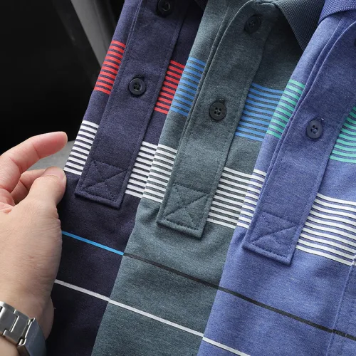 Áo Thun Nam Cổ Bẻ Có Túi Hoạ Tiết Sọc Ngang In Dẻo (Có size 3x)