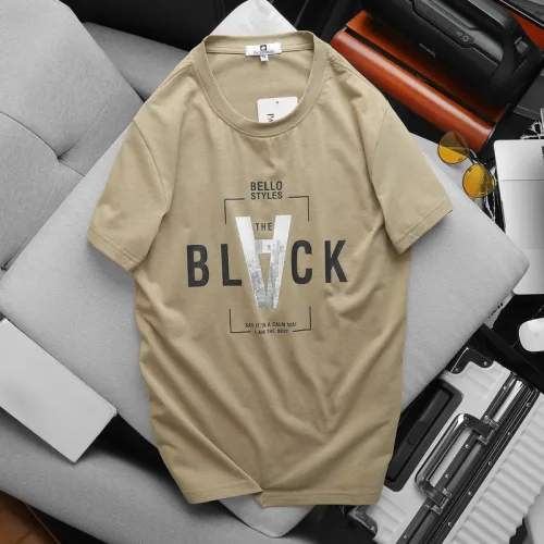 Áo thun nam cỏ tròn in chữ V chất cotton muối
