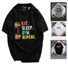 Áo Thun Nam Cổ Tròn Rurumen Màu Đen In Chữ Eat Sleep Big Size