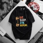 Áo Thun Nam Cổ Tròn Rurumen Màu Đen In Chữ Eat Sleep Big Size
