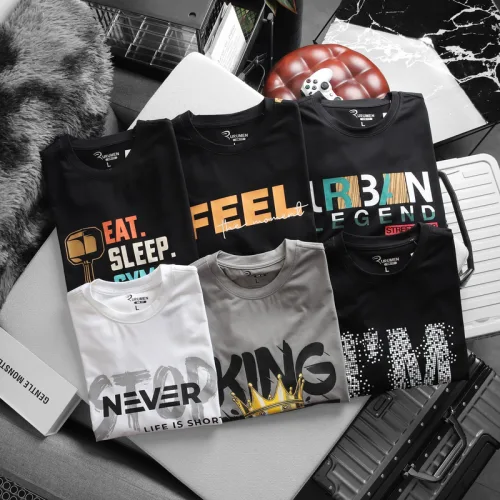 Áo Thun Nam Cổ Tròn Rurumen Màu Đen In Chữ Eat Sleep Big Size