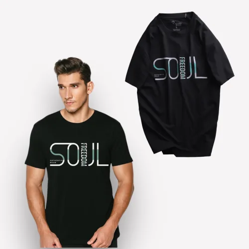 Áo Thun Nam Cổ Tròn Rurumen Màu Đen In Chữ SOUL Big Size