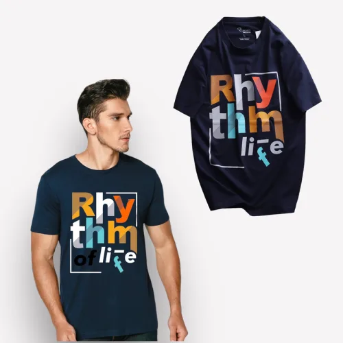 Áo Thun Nam Cổ Tròn Rurumen Màu Xanh Đen In Chữ RhyThm Life Big Size