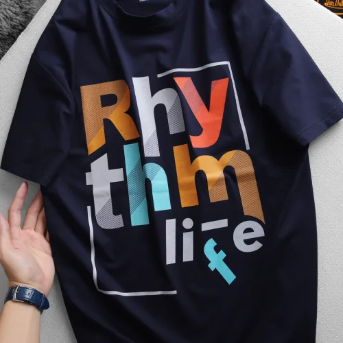 Áo Thun Nam Cổ Tròn Rurumen Màu Xanh Đen In Chữ RhyThm Life Big Size