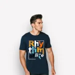 Áo Thun Nam Cổ Tròn Rurumen Màu Xanh Đen In Chữ RhyThm Life Big Size