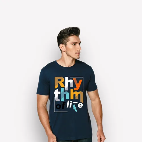 Áo Thun Nam Cổ Tròn Rurumen Màu Xanh Đen In Chữ RhyThm Life Big Size