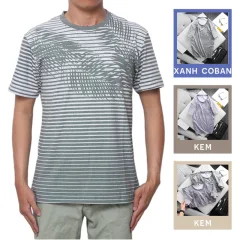 Áo Thun Nam Sọc Cổ Tròn In Họa Tiết Lá Dừa