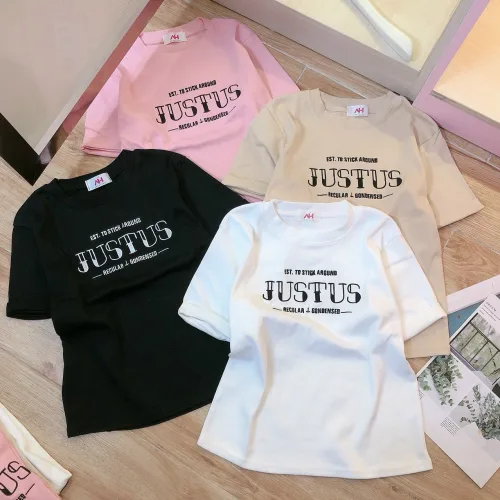 Áo thun nữ Baby Tee ôm body từ 35kg - 55kg in chữ JUSTUS