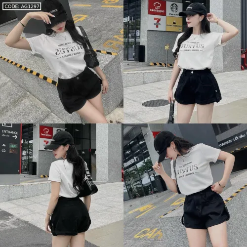 Áo thun nữ Baby Tee ôm body từ 35kg - 55kg in chữ JUSTUS