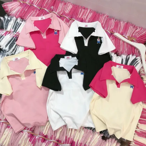 Áo thun nữ Cổ Bẻ thuê logo gấu Baby Tee ôm body từ 35kg - 55kg