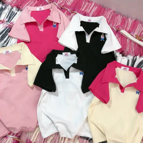 Áo thun nữ Cổ Bẻ thuê logo gấu Baby Tee ôm body từ 35kg - 55kg