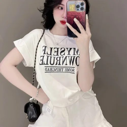Áo thun nữ có dây rút in chữ MYSELF Baby Tee ôm body từ 35kg - 55kg