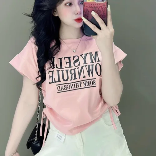 Áo thun nữ có dây rút in chữ MYSELF Baby Tee ôm body từ 35kg - 55kg