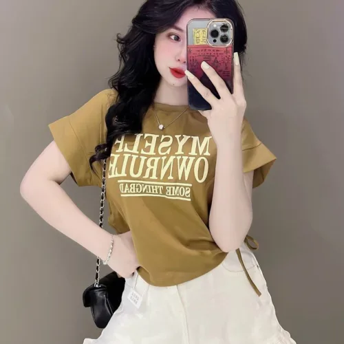 Áo thun nữ có dây rút in chữ MYSELF Baby Tee ôm body từ 35kg - 55kg