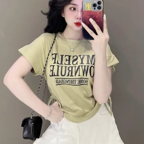 Áo thun nữ có dây rút in chữ MYSELF Baby Tee ôm body từ 35kg - 55kg