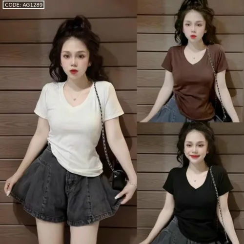 Áo thun nữ cổ tim trơn Baby Tee ôm body từ 35kg - 55kg