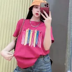 Áo Thun Nữ Cổ Tròn Form Đại In Hình Chữ Vạch màu Size XL(65-85kg)