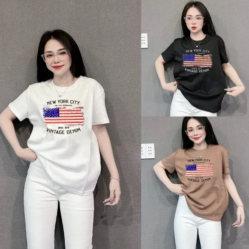 Áo Thun Nữ Cổ Tròn Form Đại In Hình Lá Cờ Mỹ Size XL(65-85kg)