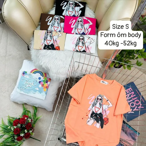 Áo Thun Nữ Cổ Tròn Form Ôm Body In Hình Size S(40-52kg)