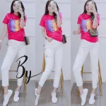Áo thun nữ cổ tròn form suông in chữ màu