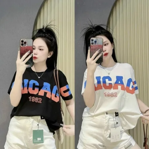 Áo Thun Nữ Cổ Tròn form vừa in chữ CHICAGO size M(40-60kg)
