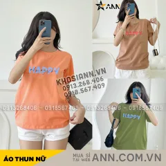 Áo Thun Nữ Cổ Tròn Form Vừa In Chữ Happy Size M(40-60kg)