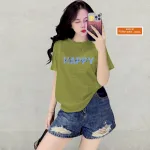 Áo Thun Nữ Cổ Tròn Form Vừa In Chữ Happy Size M(40-60kg)