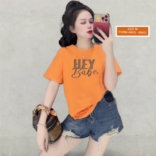 Áo Thun Nữ Cổ Tròn Form Vừa In Chữ HEY BABE Size M(40-60kg)