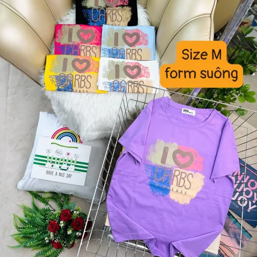 Áo Thun Nữ Cổ Tròn Form Vừa In Chữ I Love CARBS Size M(40-60kg)