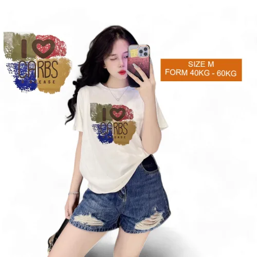 Áo Thun Nữ Cổ Tròn Form Vừa In Chữ I Love CARBS Size M(40-60kg)