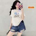 Áo Thun Nữ Cổ Tròn Form Vừa In Chữ Life Is Short Size M(40-60kg)