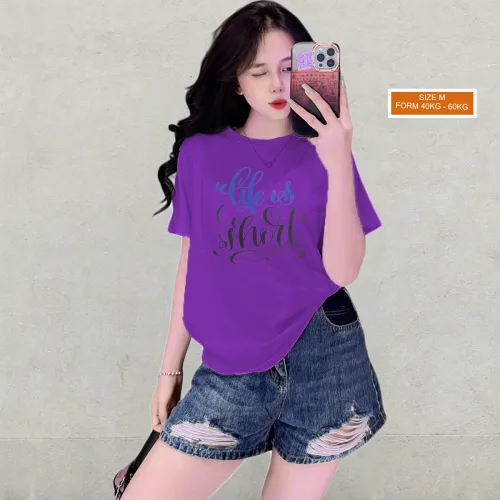 Áo Thun Nữ Cổ Tròn Form Vừa In Chữ Life Is Short Size M(40-60kg)