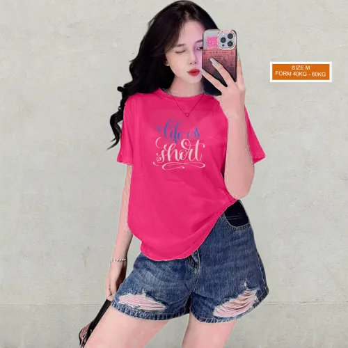 Áo Thun Nữ Cổ Tròn Form Vừa In Chữ Life Is Short Size M(40-60kg)