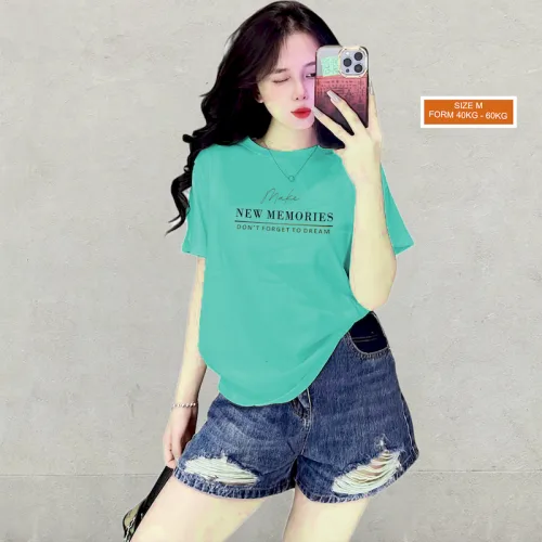 Áo Thun Nữ Cổ Tròn Form Vừa In Chữ New Memories Size M(40-60kg)