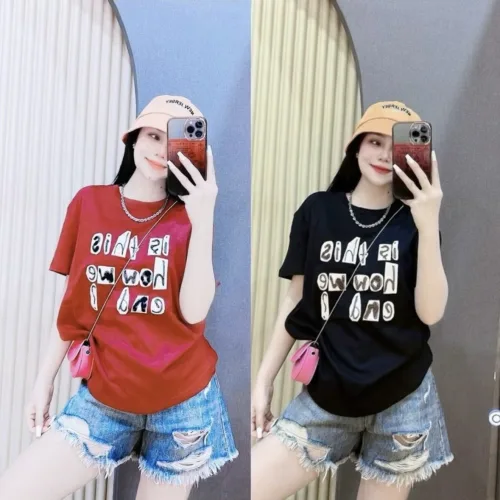 Áo Thun Nữ Cổ Tròn form vừa in chữ nổi size M(40-60kg)