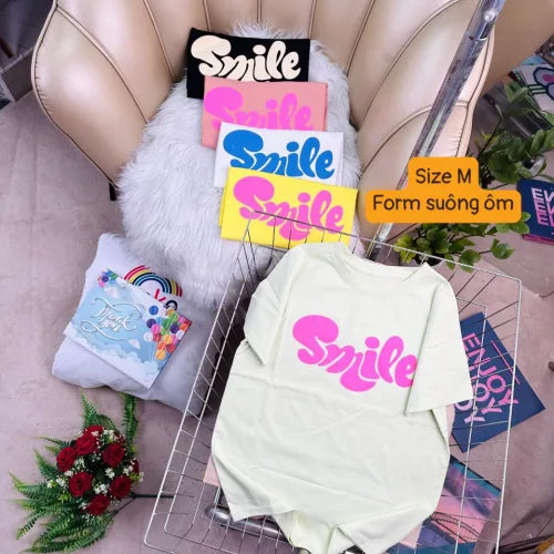Áo Thun Nữ Cổ Tròn Form Vừa In Chữ SMILE Size M(40-60kg)