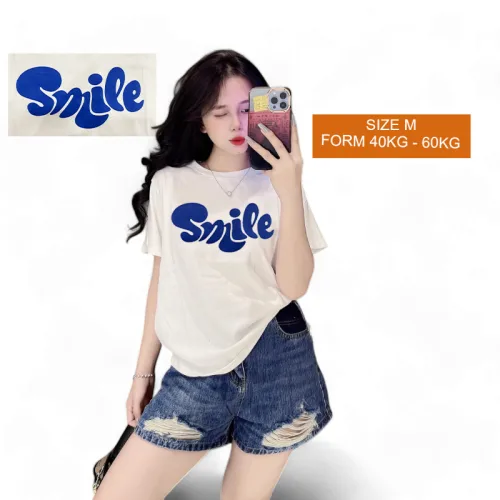 Áo Thun Nữ Cổ Tròn Form Vừa In Chữ SMILE Size M(40-60kg)