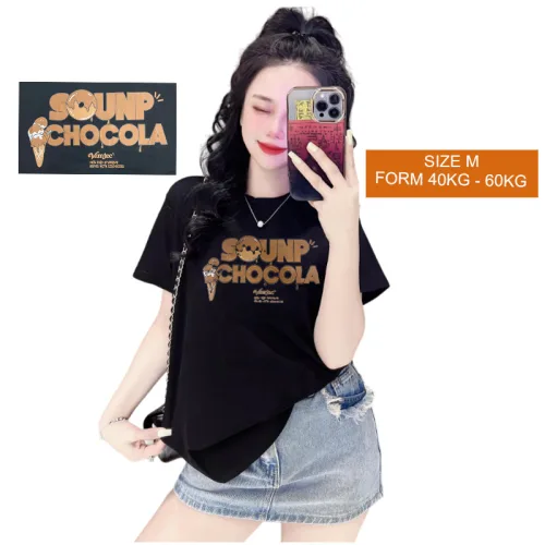 Áo Thun Nữ Cổ Tròn Form Vừa In Chữ Sounp Chocola Size M(40-60kg)