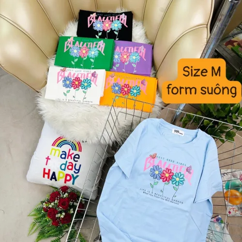 Áo Thun Nữ Cổ Tròn Form Vừa In Hình Bông Hoa Size M(40-60kg)