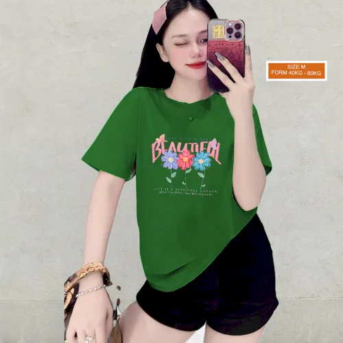 Áo Thun Nữ Cổ Tròn Form Vừa In Hình Bông Hoa Size M(40-60kg)