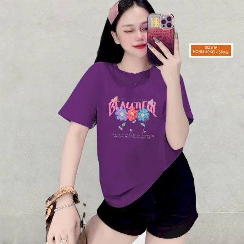 Áo Thun Nữ Cổ Tròn Form Vừa In Hình Bông Hoa Size M(40-60kg)