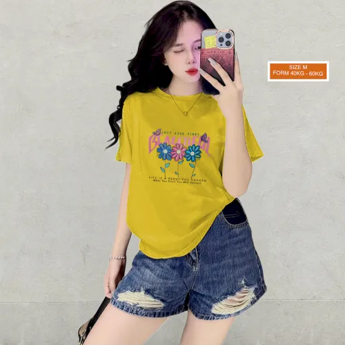 Áo Thun Nữ Cổ Tròn Form Vừa In Hình Bông Hoa Size M(40-60kg)