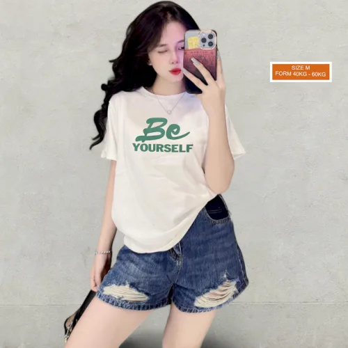Áo Thun Nữ Cổ Tròn Form Vừa In Hình Chữ Be Yourself Size M(40-60kg)