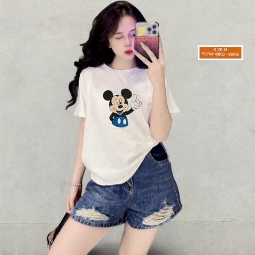 Áo Thun Nữ Cổ Tròn Form Vừa In Hình Chuột Micley Size M(40-60kg)