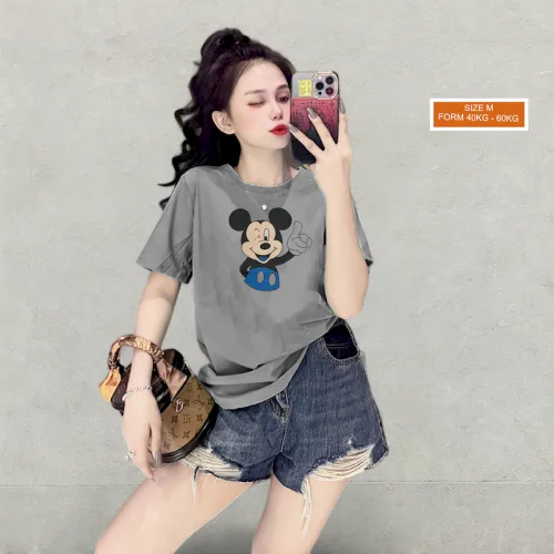 Áo Thun Nữ Cổ Tròn Form Vừa In Hình Chuột Micley Size M(40-60kg)