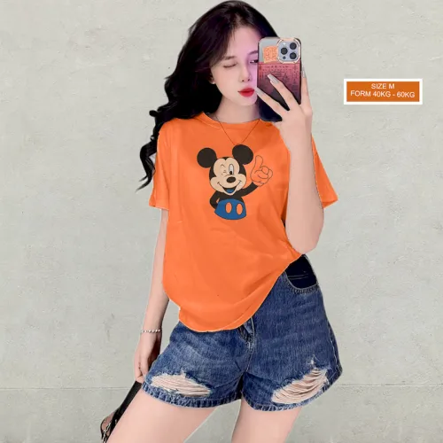 Áo Thun Nữ Cổ Tròn Form Vừa In Hình Chuột Micley Size M(40-60kg)