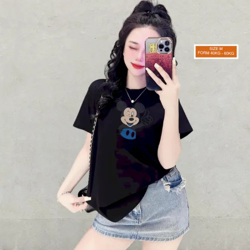 Áo Thun Nữ Cổ Tròn Form Vừa In Hình Chuột Micley Size M(40-60kg)