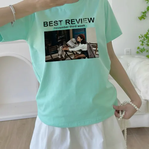 Áo Thun Nữ Cổ Tròn In chữ BEST REVIEW form ôm suông rộng size L(45-65kg)