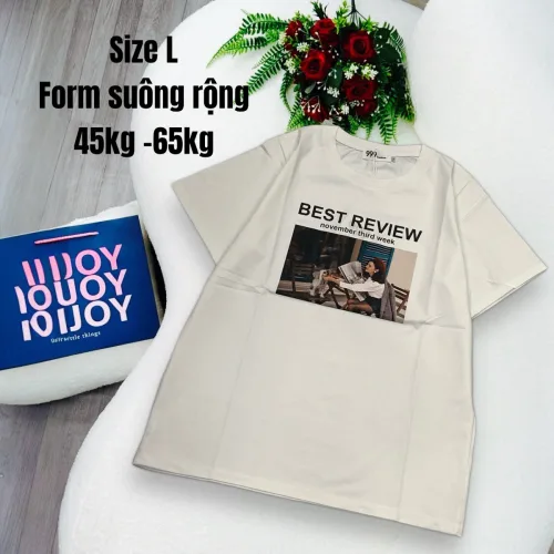 Áo Thun Nữ Cổ Tròn In chữ BEST REVIEW form ôm suông rộng size L(45-65kg)