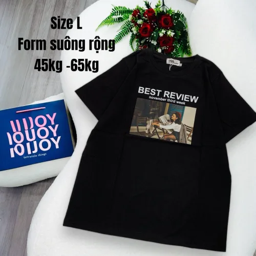 Áo Thun Nữ Cổ Tròn In chữ BEST REVIEW form ôm suông rộng size L(45-65kg)